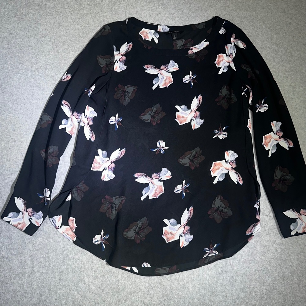Banana Republic Womens Black Floral Long Sleeve Blouse Size S High Low Hem